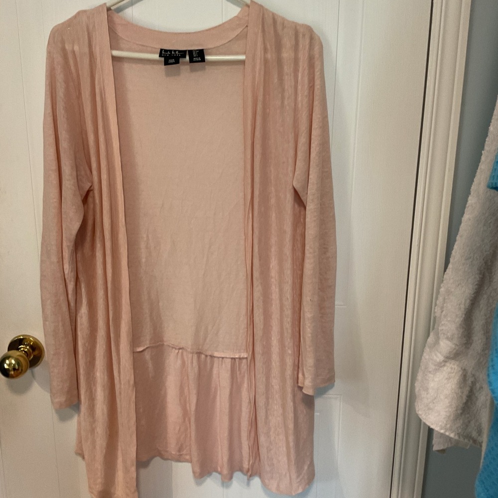 Nicole Miller Cardigan  Small Pink Excellent 100% Linen Peplum Hem Open Front